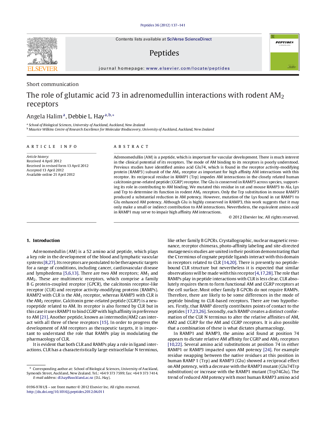 عکس صفحه اول مقاله: The role of glutamic acid 73 in adrenomedullin interactions with rodent AM2 receptors The role of glutamic acid 73 in adrenomedullin interactions with rodent AM2 receptors