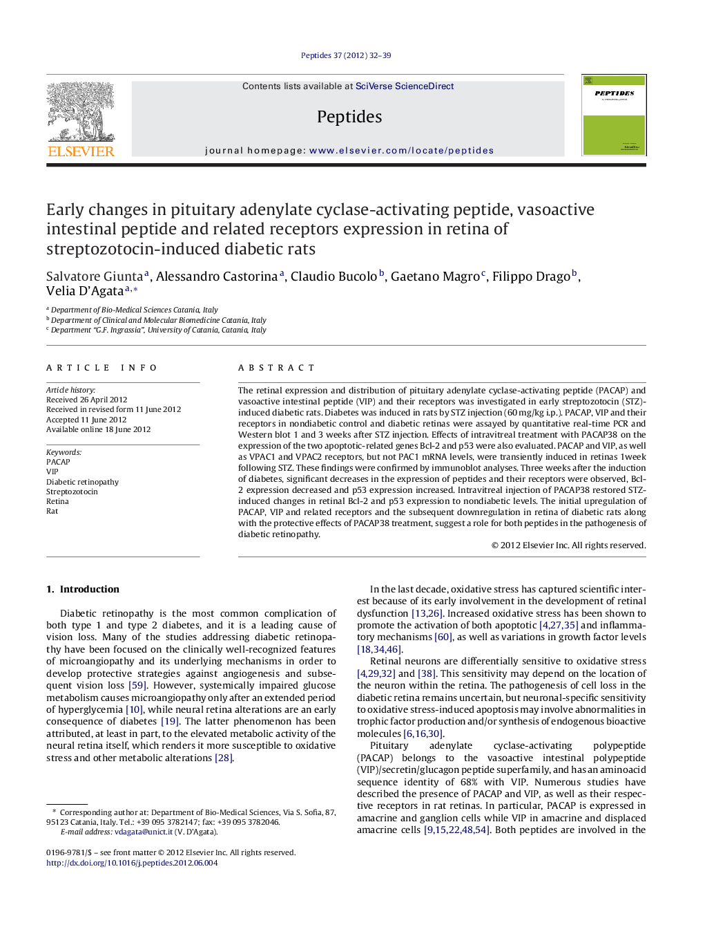 Early changes in pituitary adenylate cyclase-activating peptide, vasoactive intestinal peptide and related receptors expression in retina of streptozotocin-induced diabetic rats