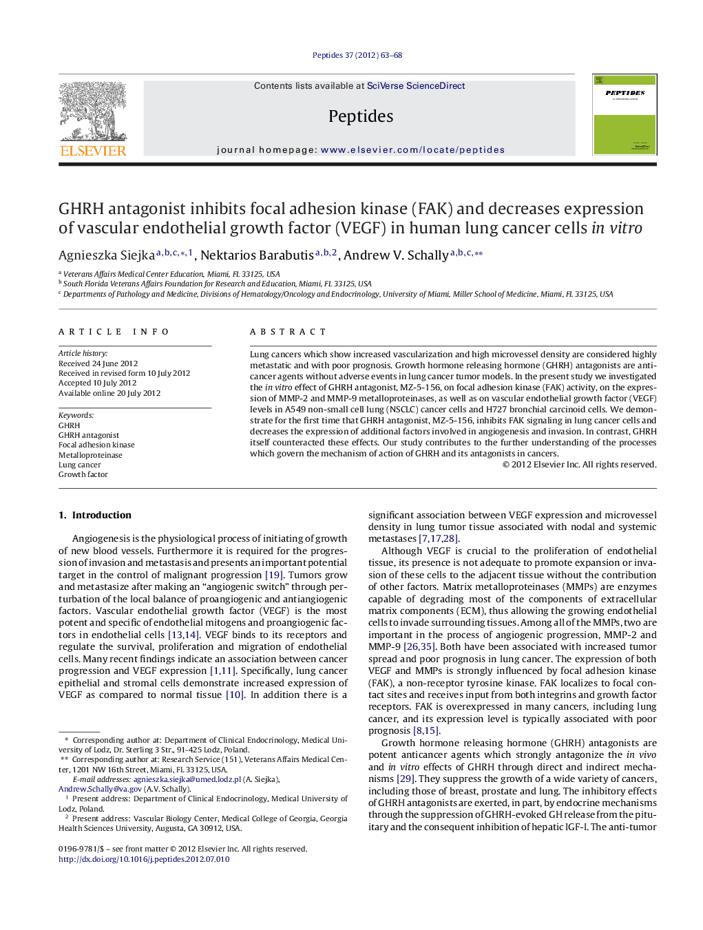 GHRH antagonist inhibits focal adhesion kinase (FAK) and decreases expression of vascular endothelial growth factor (VEGF) in human lung cancer cells in vitro