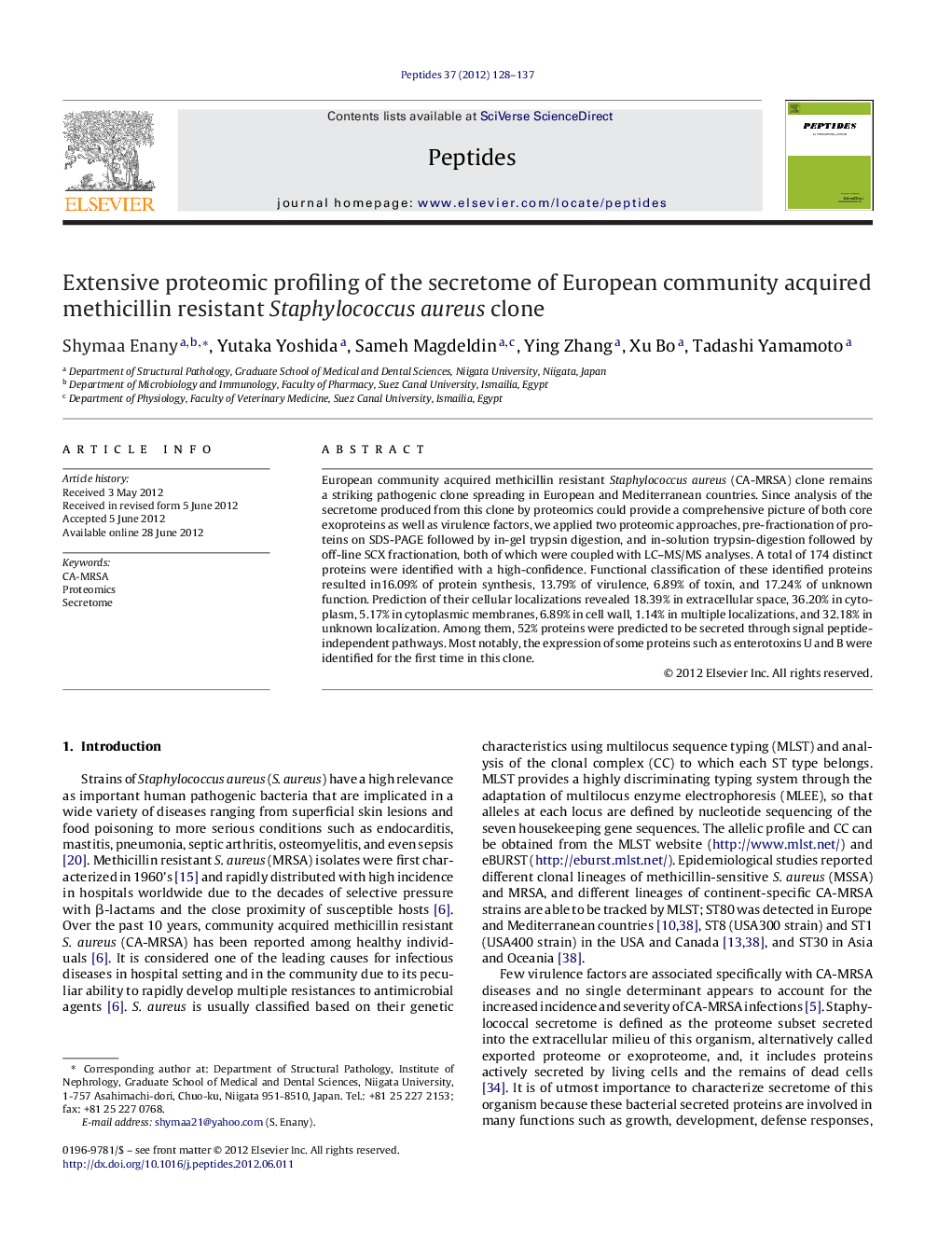 Extensive proteomic profiling of the secretome of European community acquired methicillin resistant Staphylococcus aureus clone