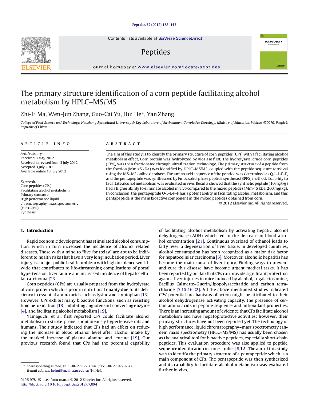 The primary structure identification of a corn peptide facilitating alcohol metabolism by HPLC-MS/MS