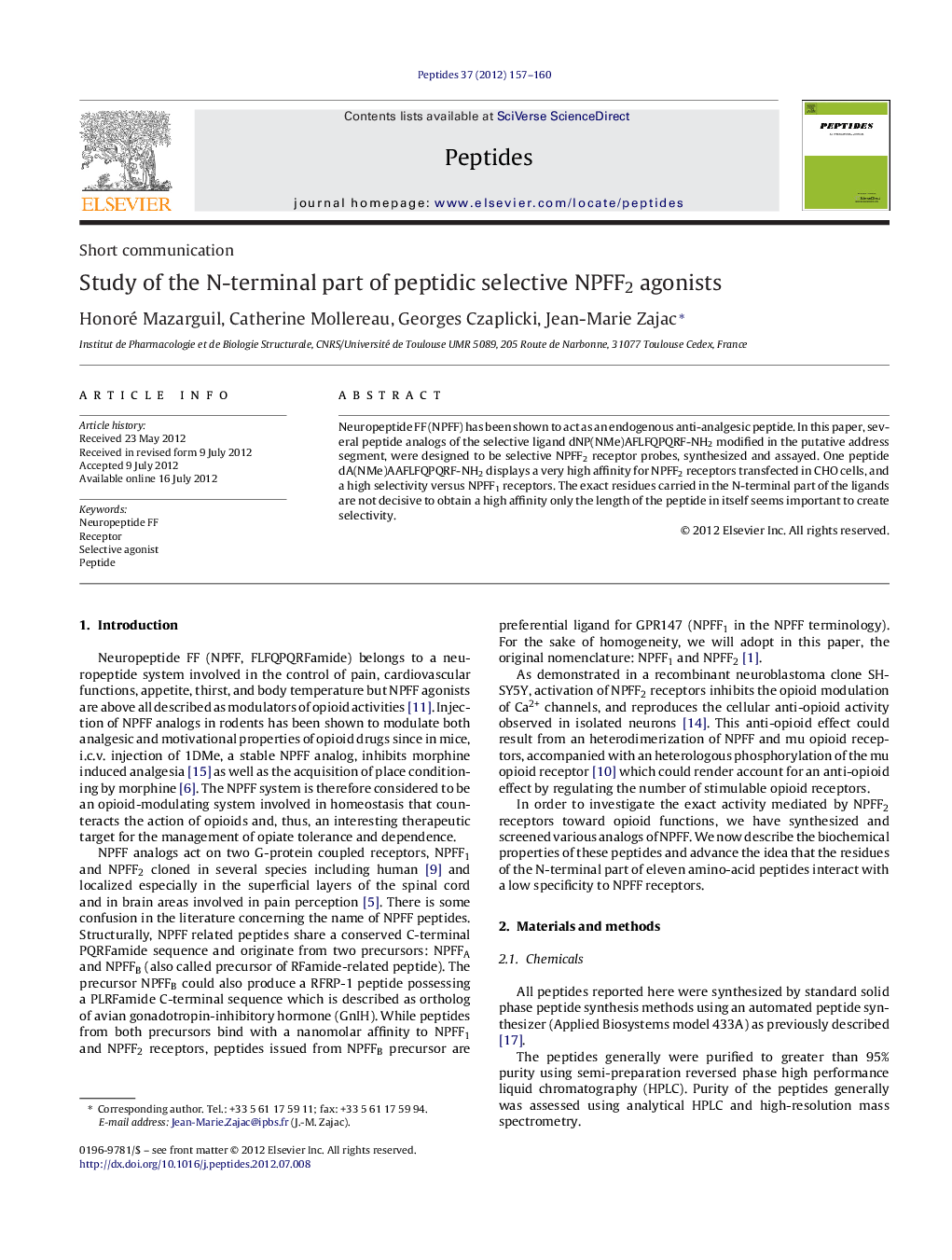 Study of the N-terminal part of peptidic selective NPFF2 agonists