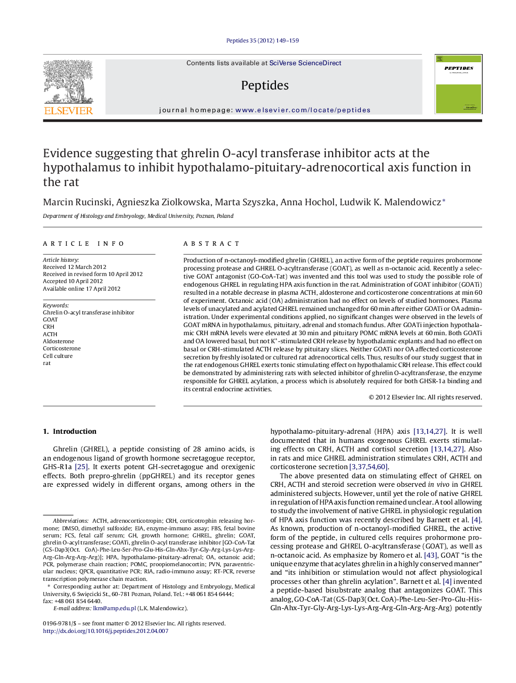 Evidence suggesting that ghrelin O-acyl transferase inhibitor acts at the hypothalamus to inhibit hypothalamo-pituitary-adrenocortical axis function in the rat