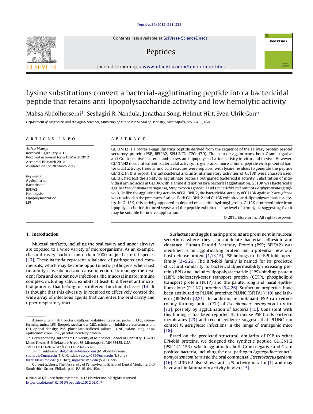 Lysine substitutions convert a bacterial-agglutinating peptide into a bactericidal peptide that retains anti-lipopolysaccharide activity and low hemolytic activity