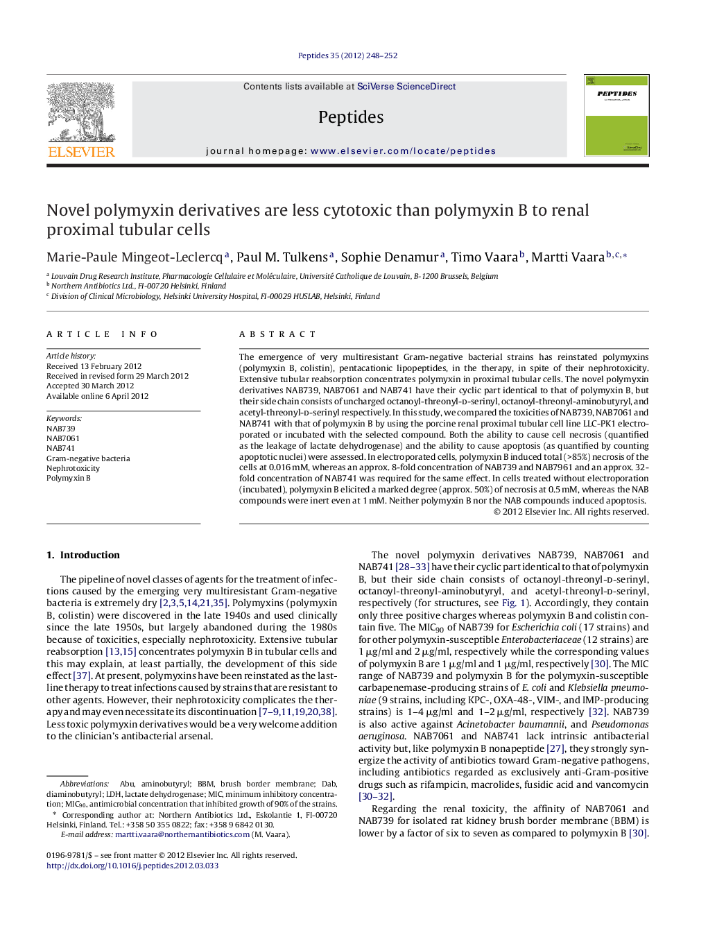 Novel polymyxin derivatives are less cytotoxic than polymyxin B to renal proximal tubular cells