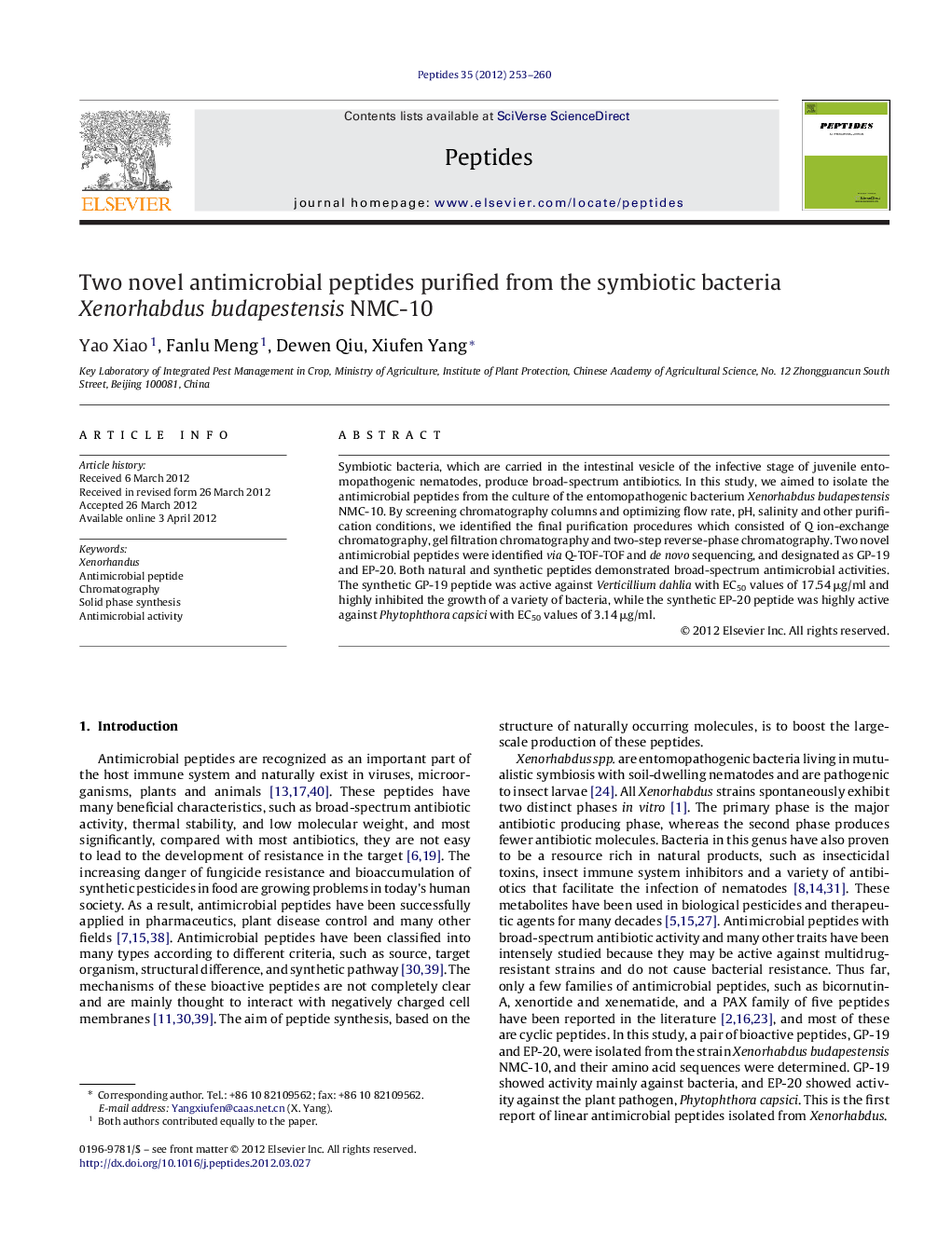 Two novel antimicrobial peptides purified from the symbiotic bacteria Xenorhabdus budapestensis NMC-10