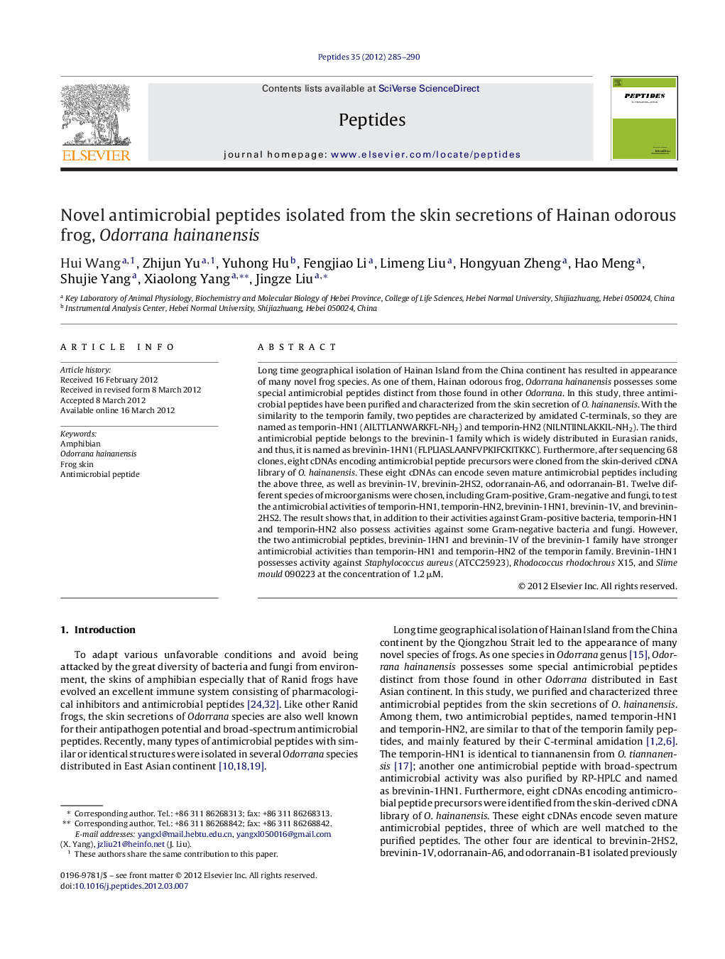 Novel antimicrobial peptides isolated from the skin secretions of Hainan odorous frog, Odorrana hainanensis