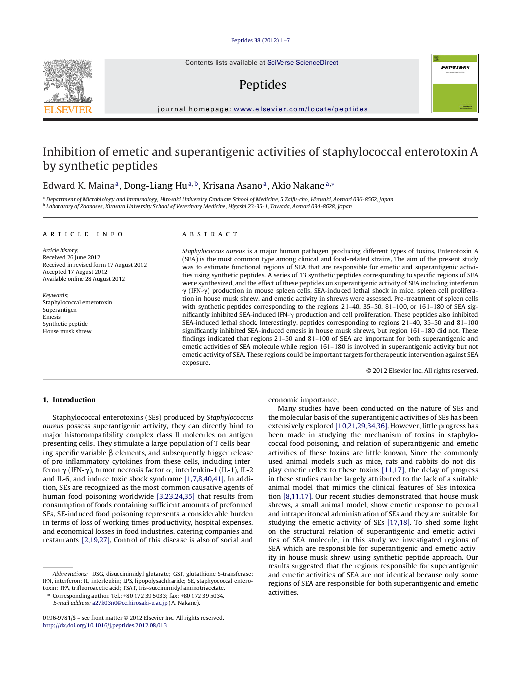 Inhibition of emetic and superantigenic activities of staphylococcal enterotoxin A by synthetic peptides