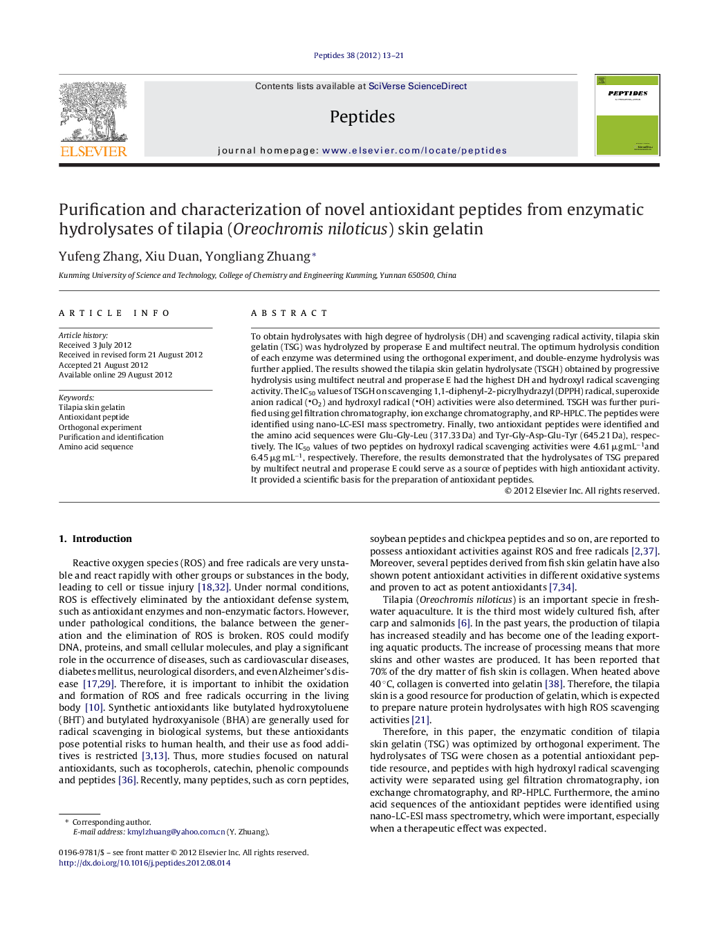 Purification and characterization of novel antioxidant peptides from enzymatic hydrolysates of tilapia (Oreochromis niloticus) skin gelatin