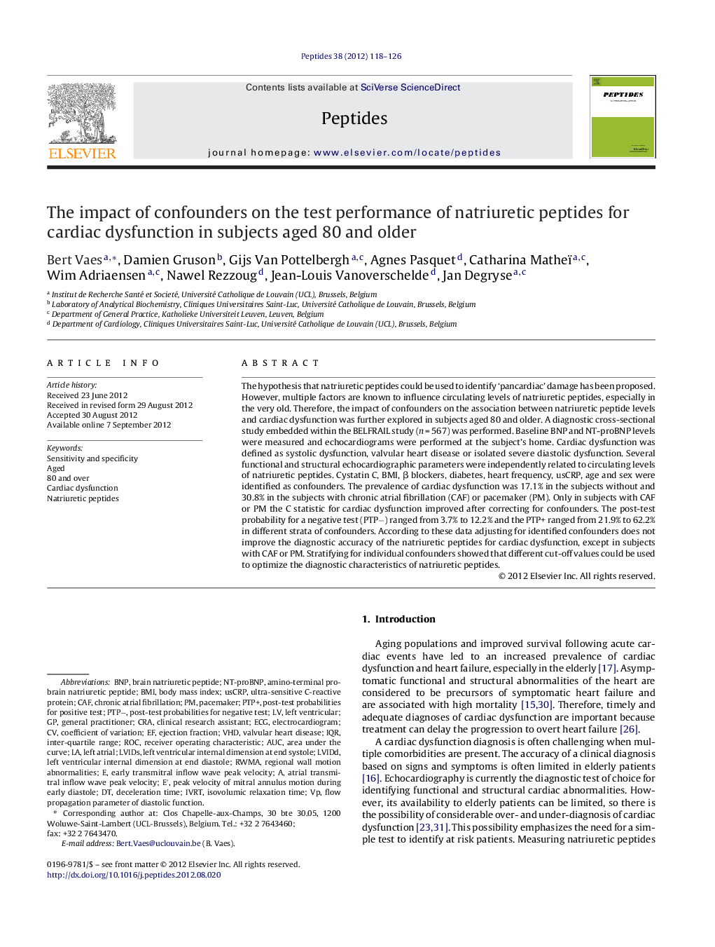 The impact of confounders on the test performance of natriuretic peptides for cardiac dysfunction in subjects aged 80 and older