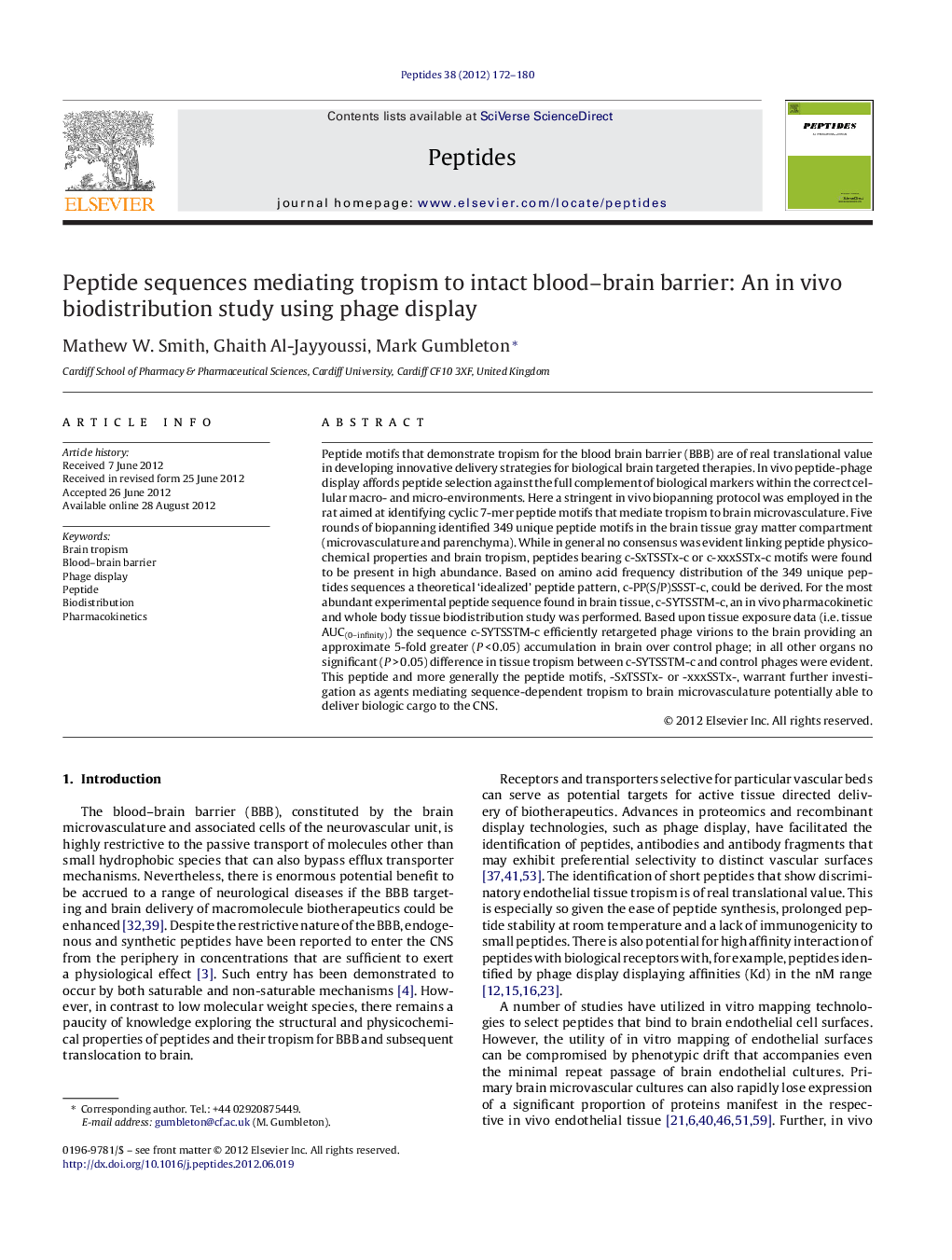 Peptide sequences mediating tropism to intact blood-brain barrier: An in vivo biodistribution study using phage display