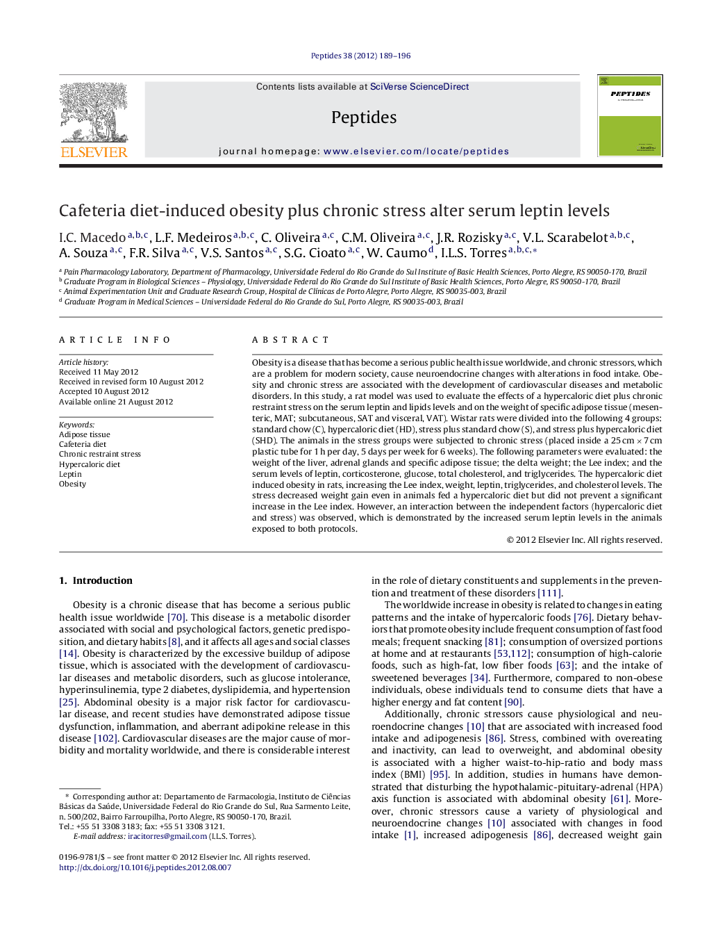 Cafeteria diet-induced obesity plus chronic stress alter serum leptin levels