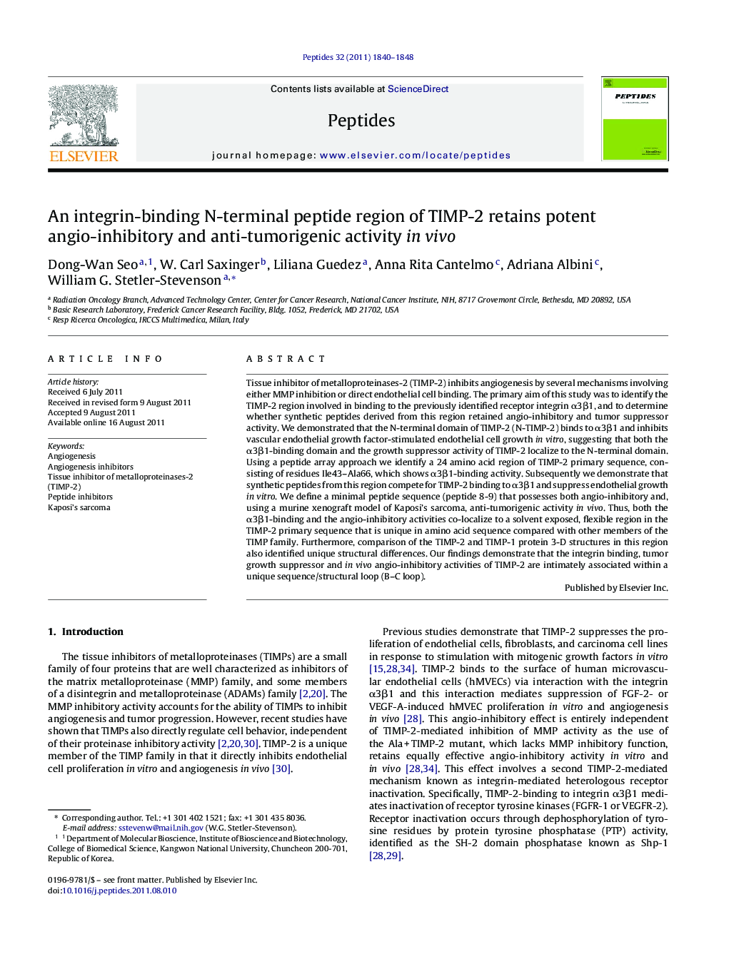 An integrin-binding N-terminal peptide region of TIMP-2 retains potent angio-inhibitory and anti-tumorigenic activity in vivo