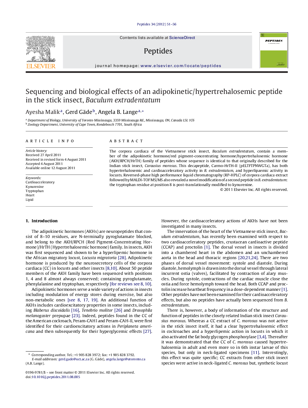 Sequencing and biological effects of an adipokinetic/hypertrehalosemic peptide in the stick insect, Baculum extradentatum