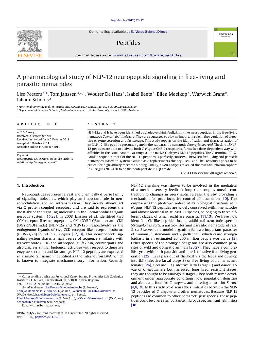 A pharmacological study of NLP-12 neuropeptide signaling in free-living and parasitic nematodes