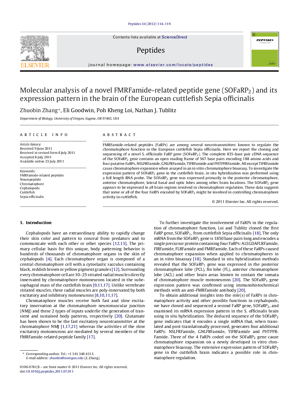 Molecular analysis of a novel FMRFamide-related peptide gene (SOFaRP2) and its expression pattern in the brain of the European cuttlefish Sepia officinalis