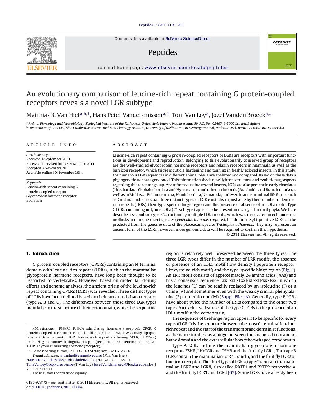 An evolutionary comparison of leucine-rich repeat containing G protein-coupled receptors reveals a novel LGR subtype