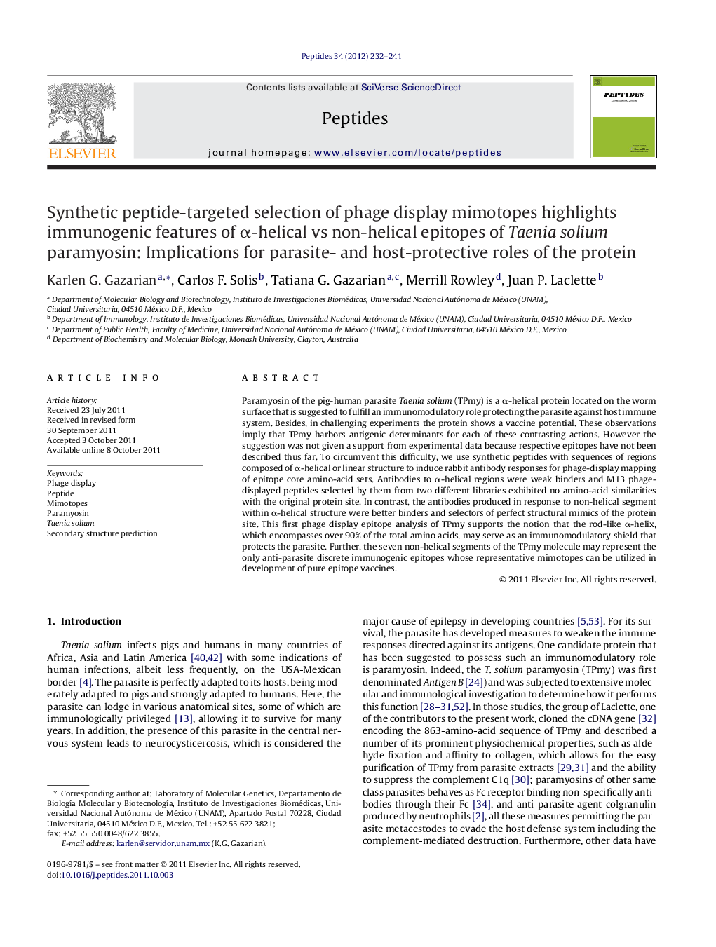 Synthetic peptide-targeted selection of phage display mimotopes highlights immunogenic features of Î±-helical vs non-helical epitopes of Taenia solium paramyosin: Implications for parasite- and host-protective roles of the protein