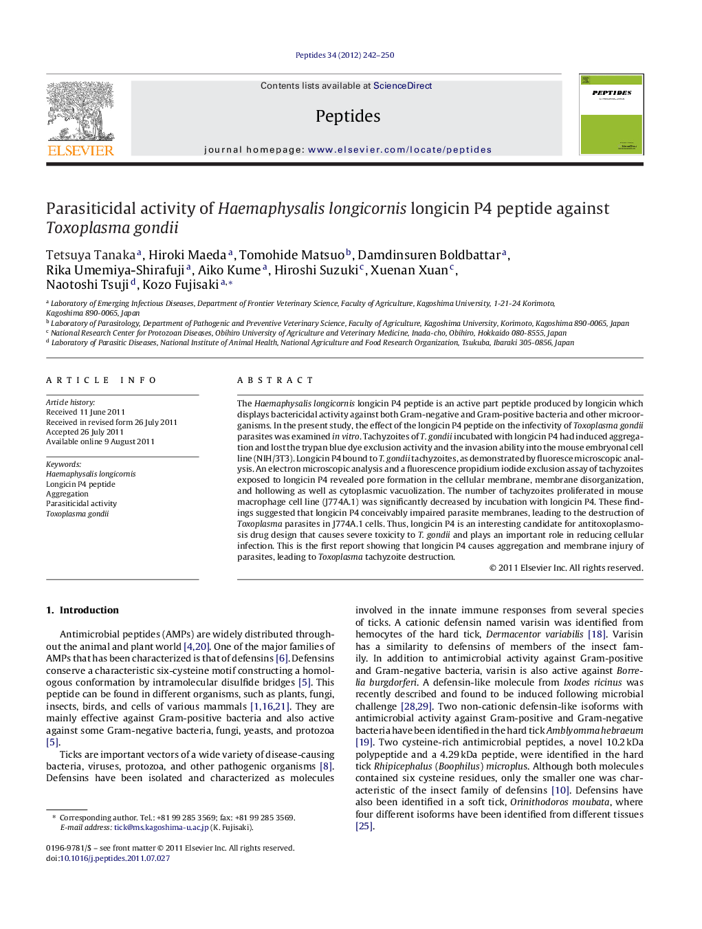 عکس صفحه اول مقاله: Parasiticidal activity of Haemaphysalis longicornis longicin P4 peptide against Toxoplasma gondii Parasiticidal activity of Haemaphysalis longicornis longicin P4 peptide against Toxoplasma gondii