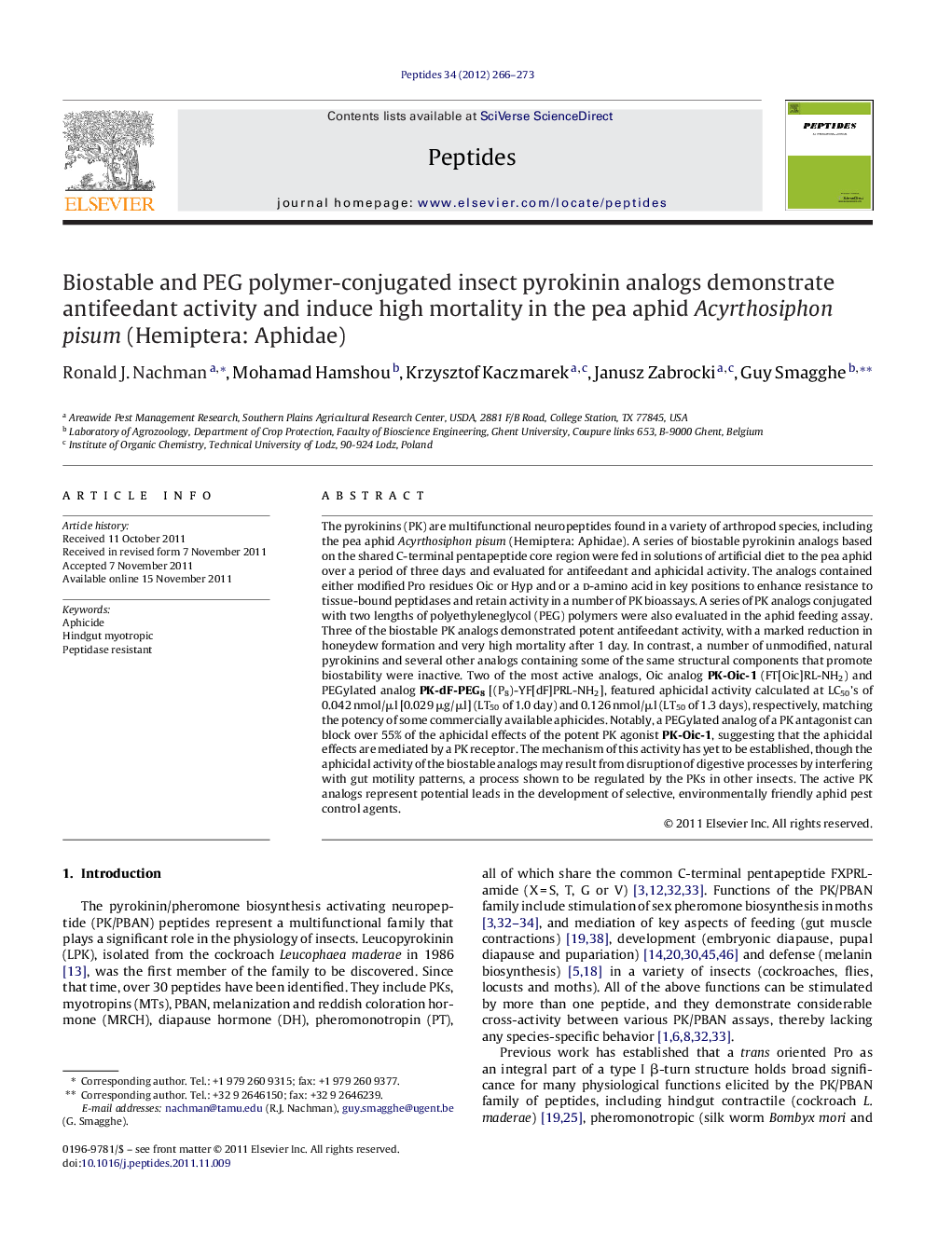Biostable and PEG polymer-conjugated insect pyrokinin analogs demonstrate antifeedant activity and induce high mortality in the pea aphid Acyrthosiphon pisum (Hemiptera: Aphidae)
