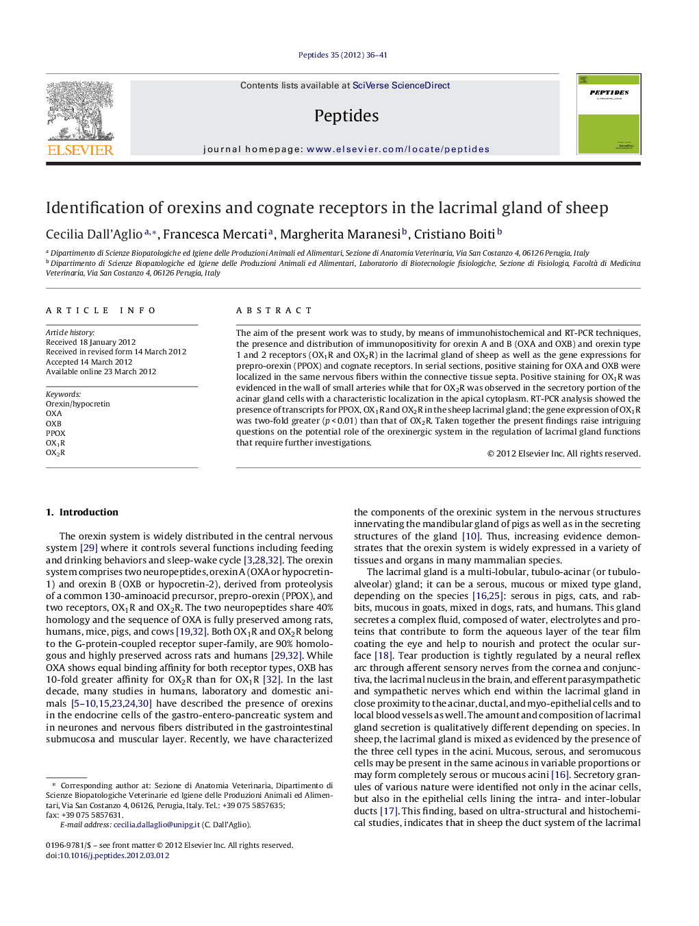 Identification of orexins and cognate receptors in the lacrimal gland of sheep