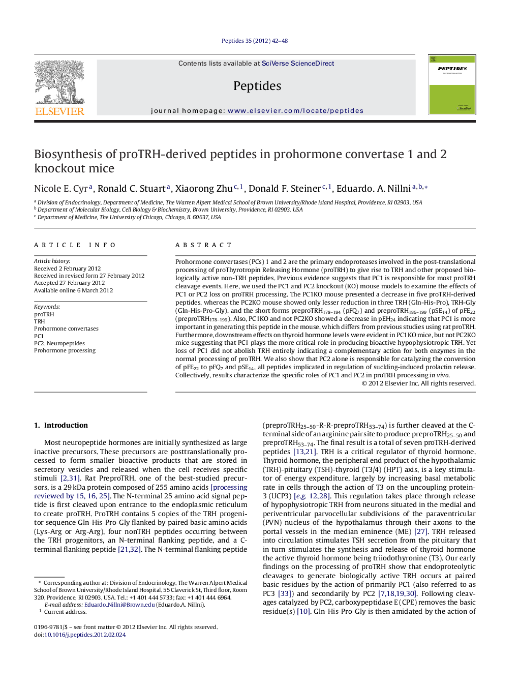 Biosynthesis of proTRH-derived peptides in prohormone convertase 1 and 2 knockout mice