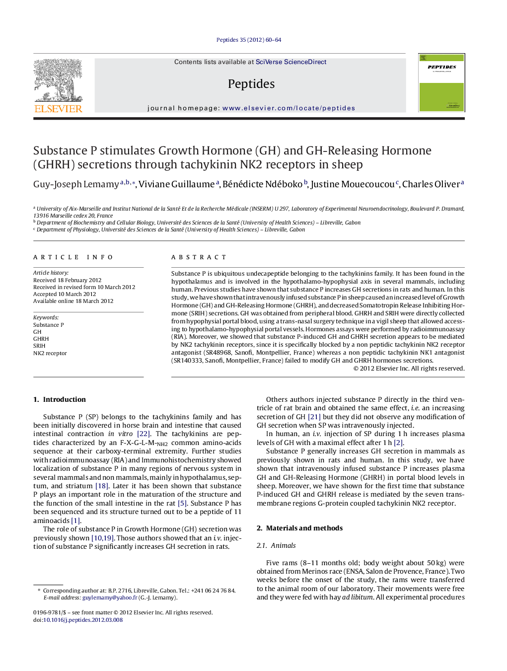 Substance P stimulates Growth Hormone (GH) and GH-Releasing Hormone (GHRH) secretions through tachykinin NK2 receptors in sheep