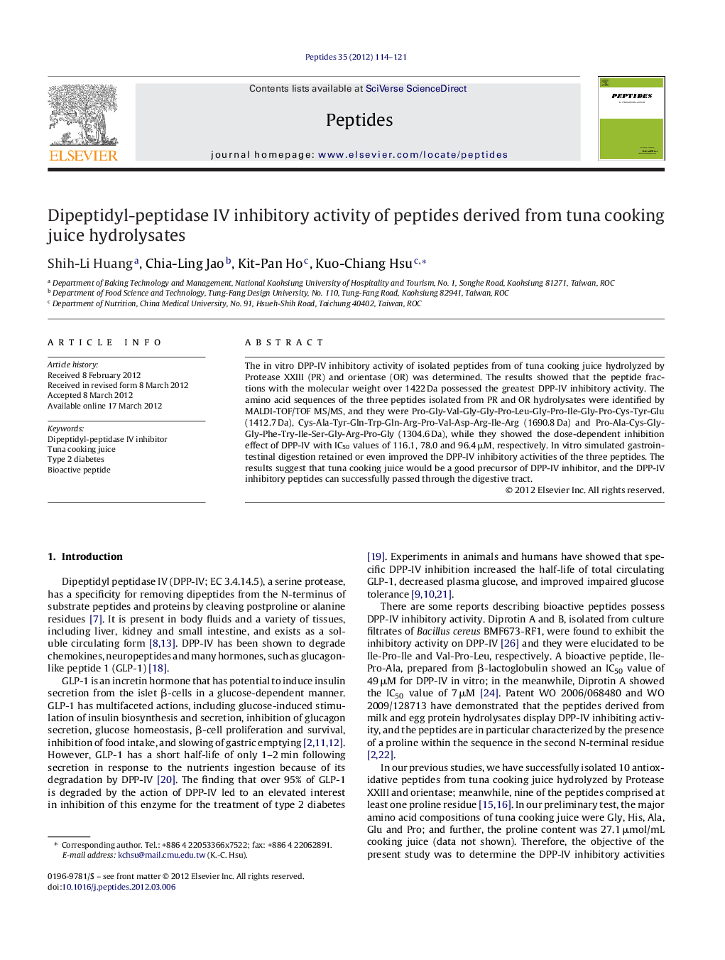 Dipeptidyl-peptidase IV inhibitory activity of peptides derived from tuna cooking juice hydrolysates