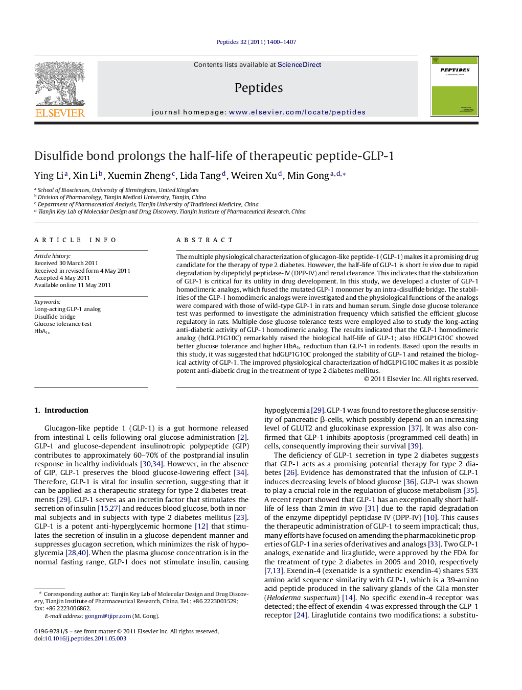 Disulfide bond prolongs the half-life of therapeutic peptide-GLP-1