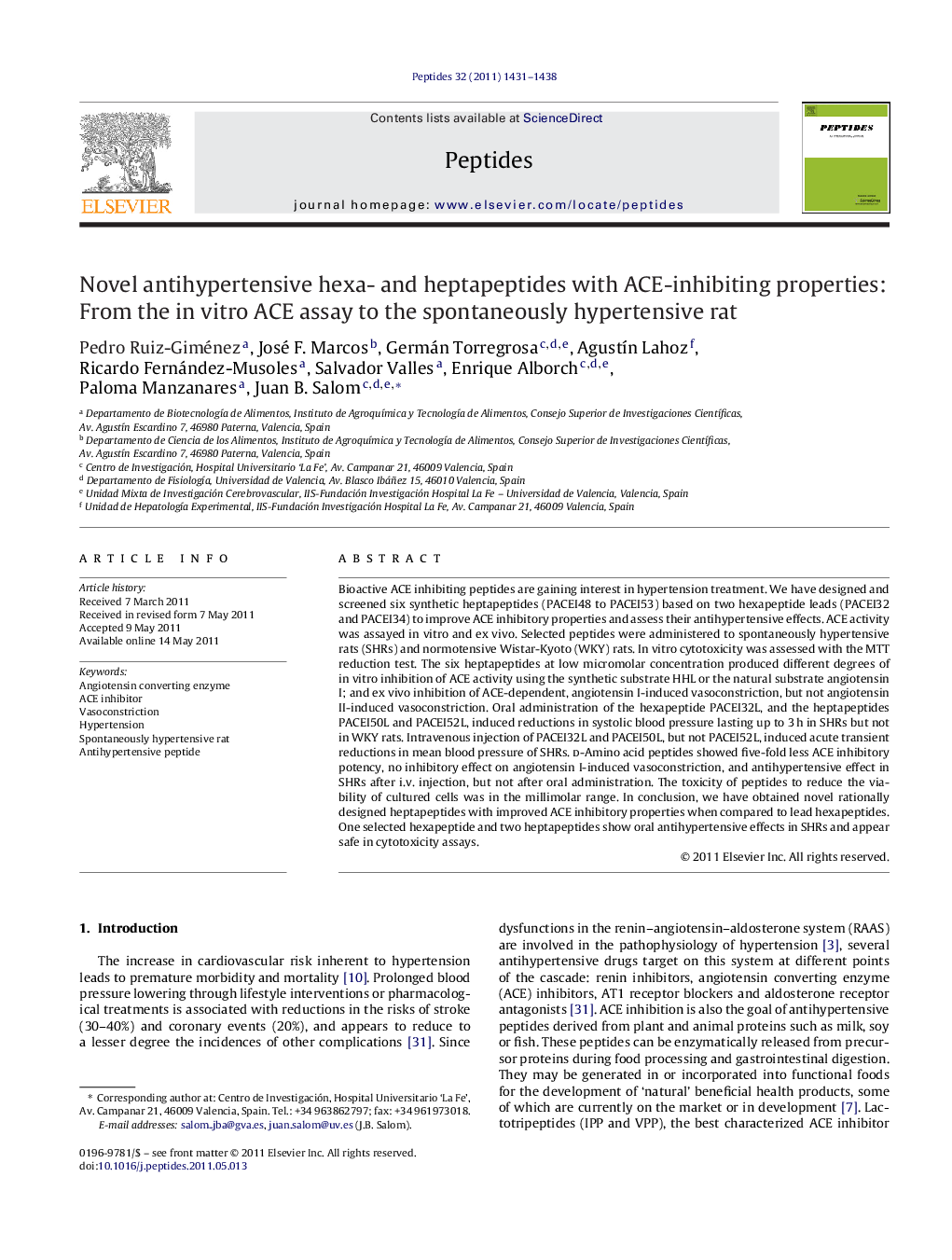 Novel antihypertensive hexa- and heptapeptides with ACE-inhibiting properties: From the in vitro ACE assay to the spontaneously hypertensive rat