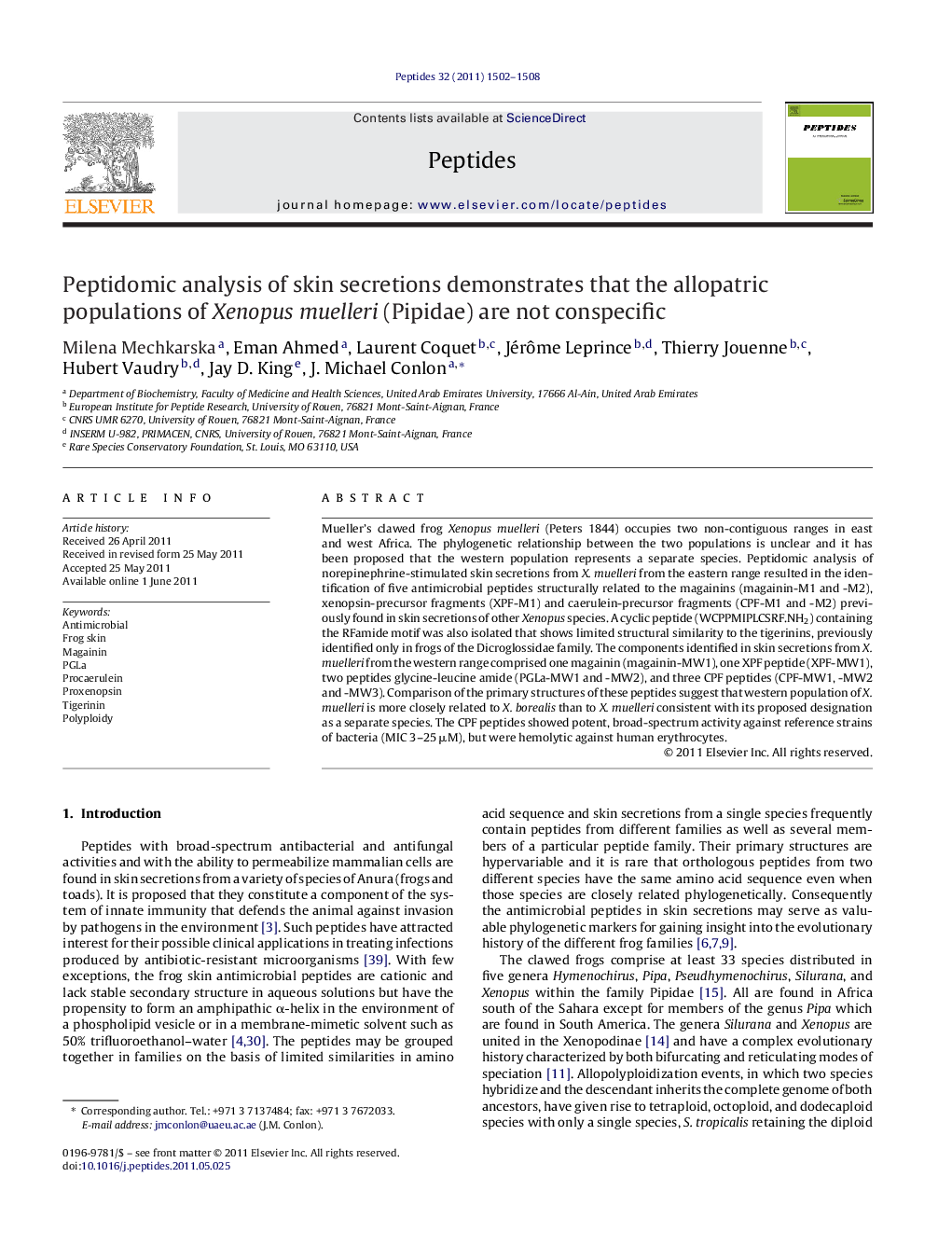 Peptidomic analysis of skin secretions demonstrates that the allopatric populations of Xenopus muelleri (Pipidae) are not conspecific