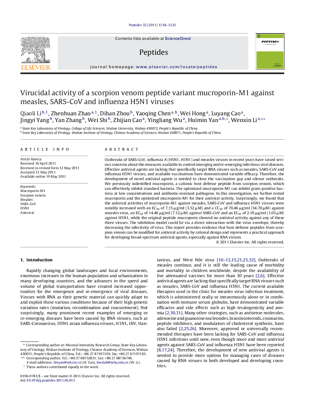 Virucidal activity of a scorpion venom peptide variant mucroporin-M1 against measles, SARS-CoV and influenza H5N1 viruses