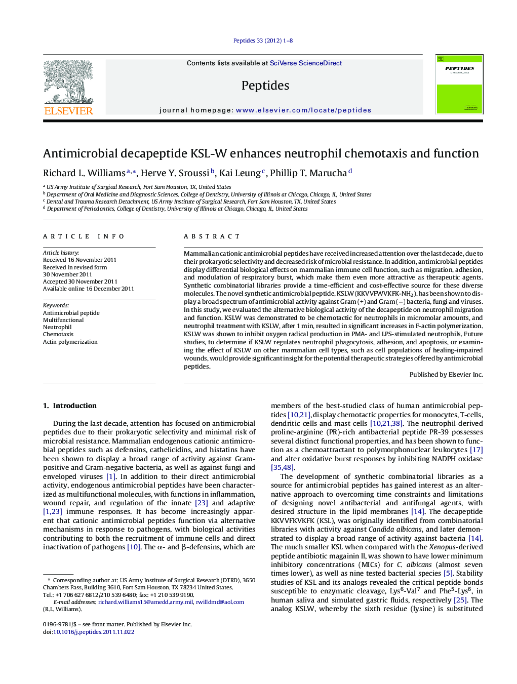 Antimicrobial decapeptide KSL-W enhances neutrophil chemotaxis and function