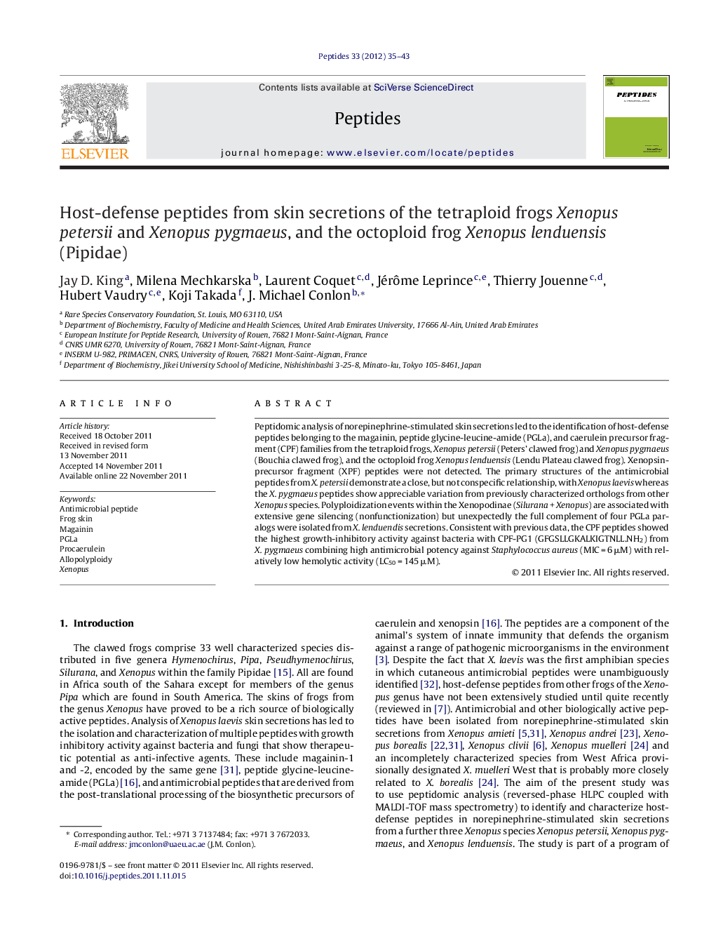 Host-defense peptides from skin secretions of the tetraploid frogs Xenopus petersii and Xenopus pygmaeus, and the octoploid frog Xenopus lenduensis (Pipidae)