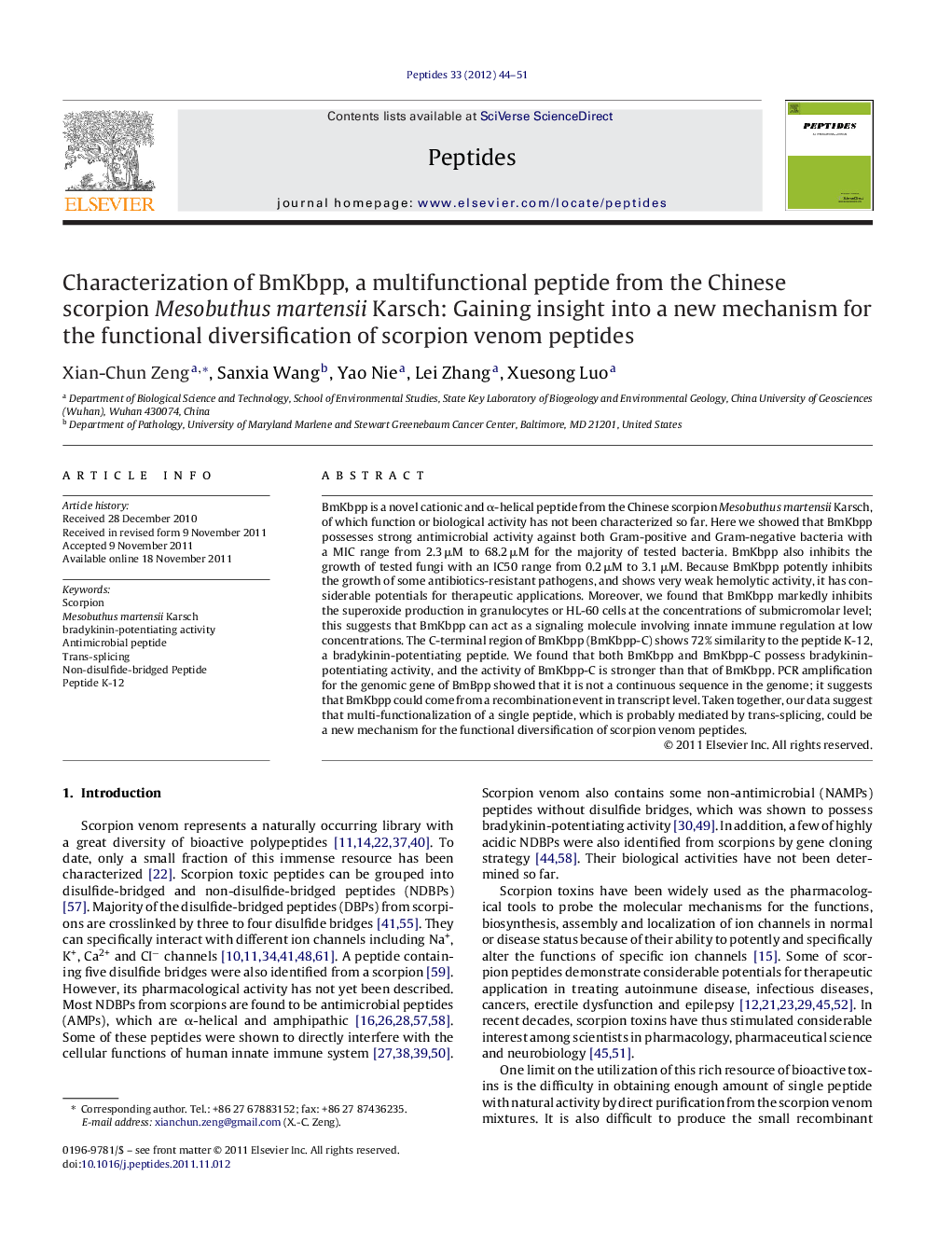 Characterization of BmKbpp, a multifunctional peptide from the Chinese scorpion Mesobuthus martensii Karsch: Gaining insight into a new mechanism for the functional diversification of scorpion venom peptides