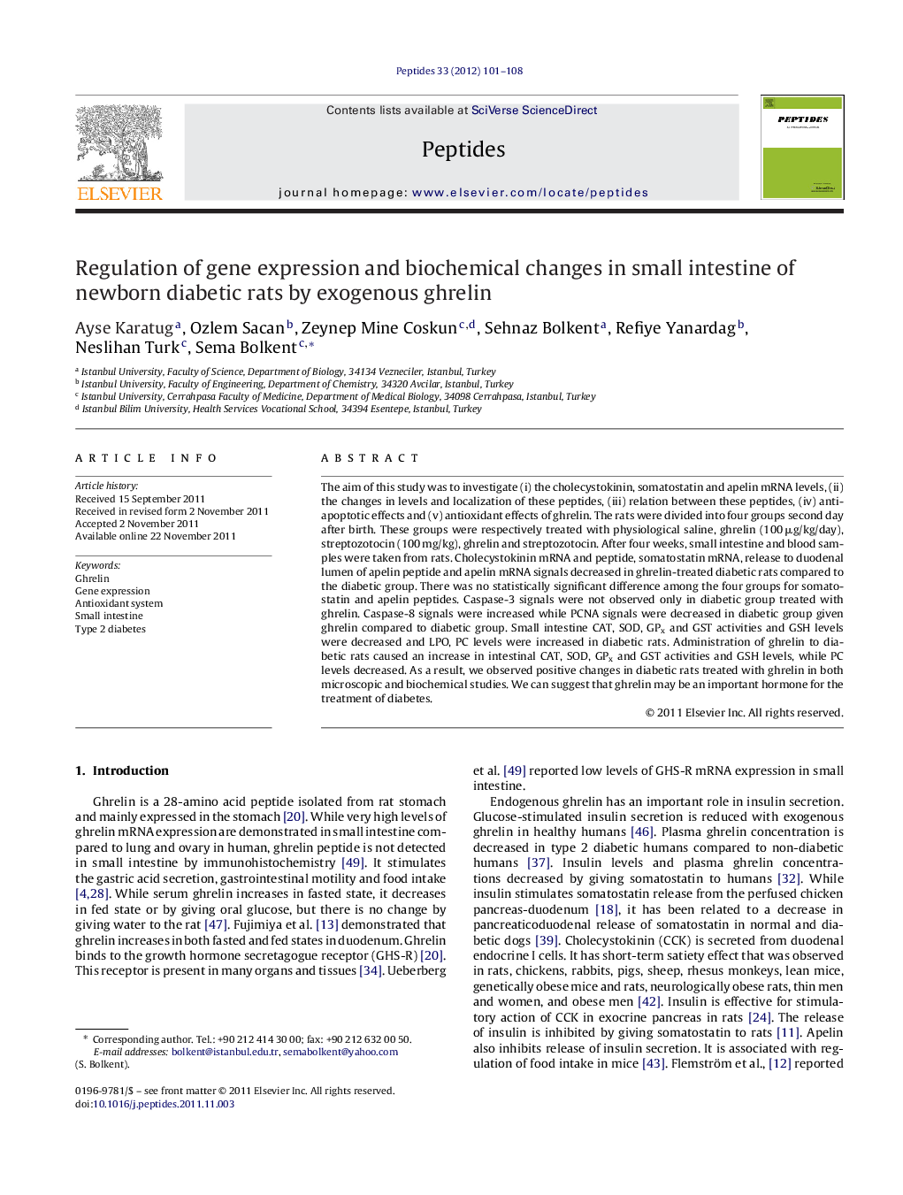 Regulation of gene expression and biochemical changes in small intestine of newborn diabetic rats by exogenous ghrelin