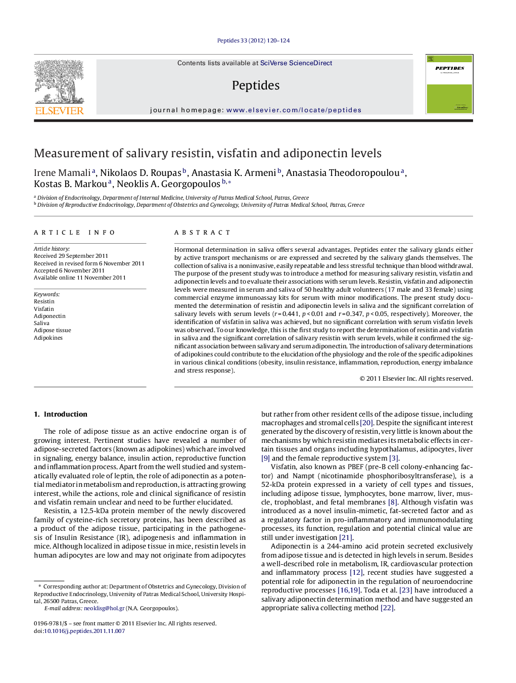 Measurement of salivary resistin, visfatin and adiponectin levels