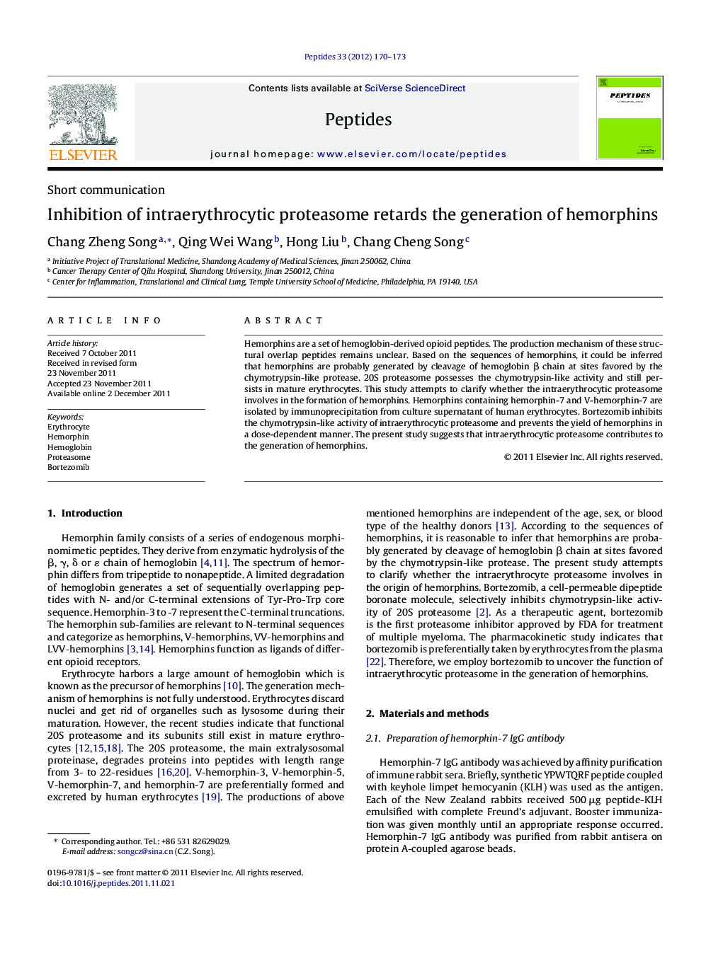 Inhibition of intraerythrocytic proteasome retards the generation of hemorphins