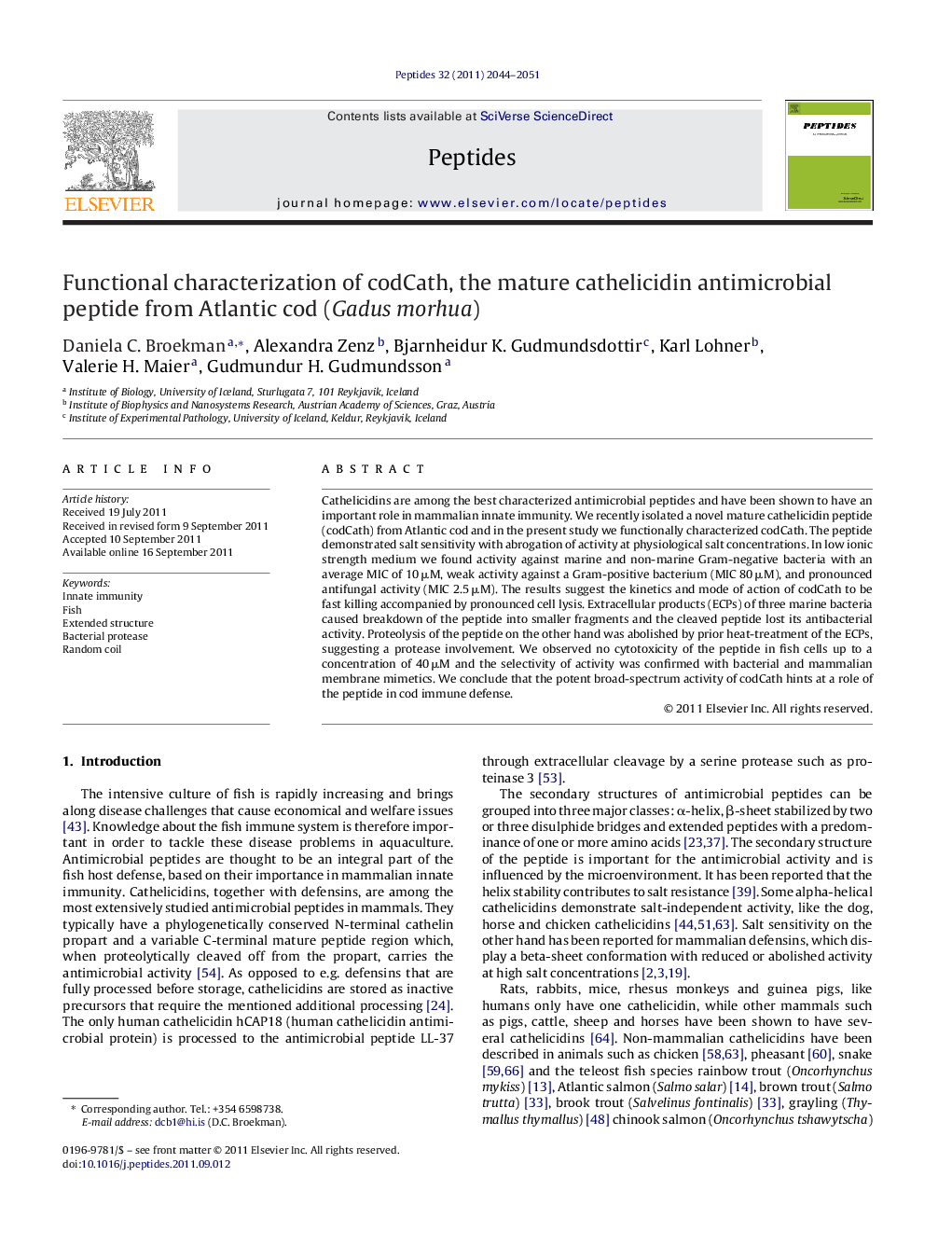 Functional characterization of codCath, the mature cathelicidin antimicrobial peptide from Atlantic cod (Gadus morhua)