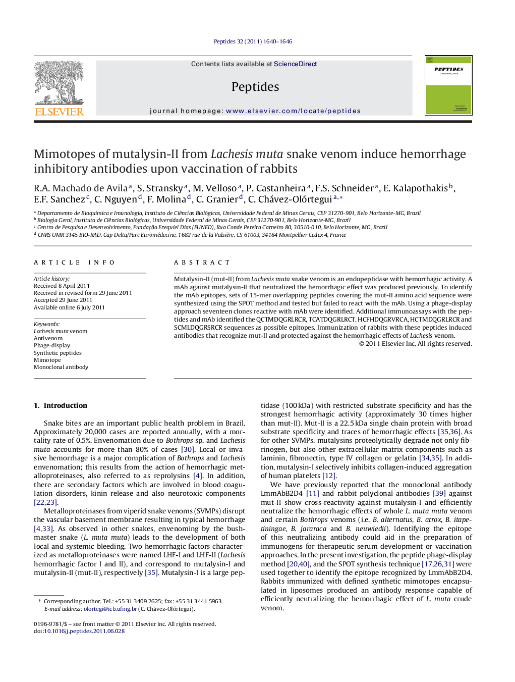 Mimotopes of mutalysin-II from Lachesis muta snake venom induce hemorrhage inhibitory antibodies upon vaccination of rabbits