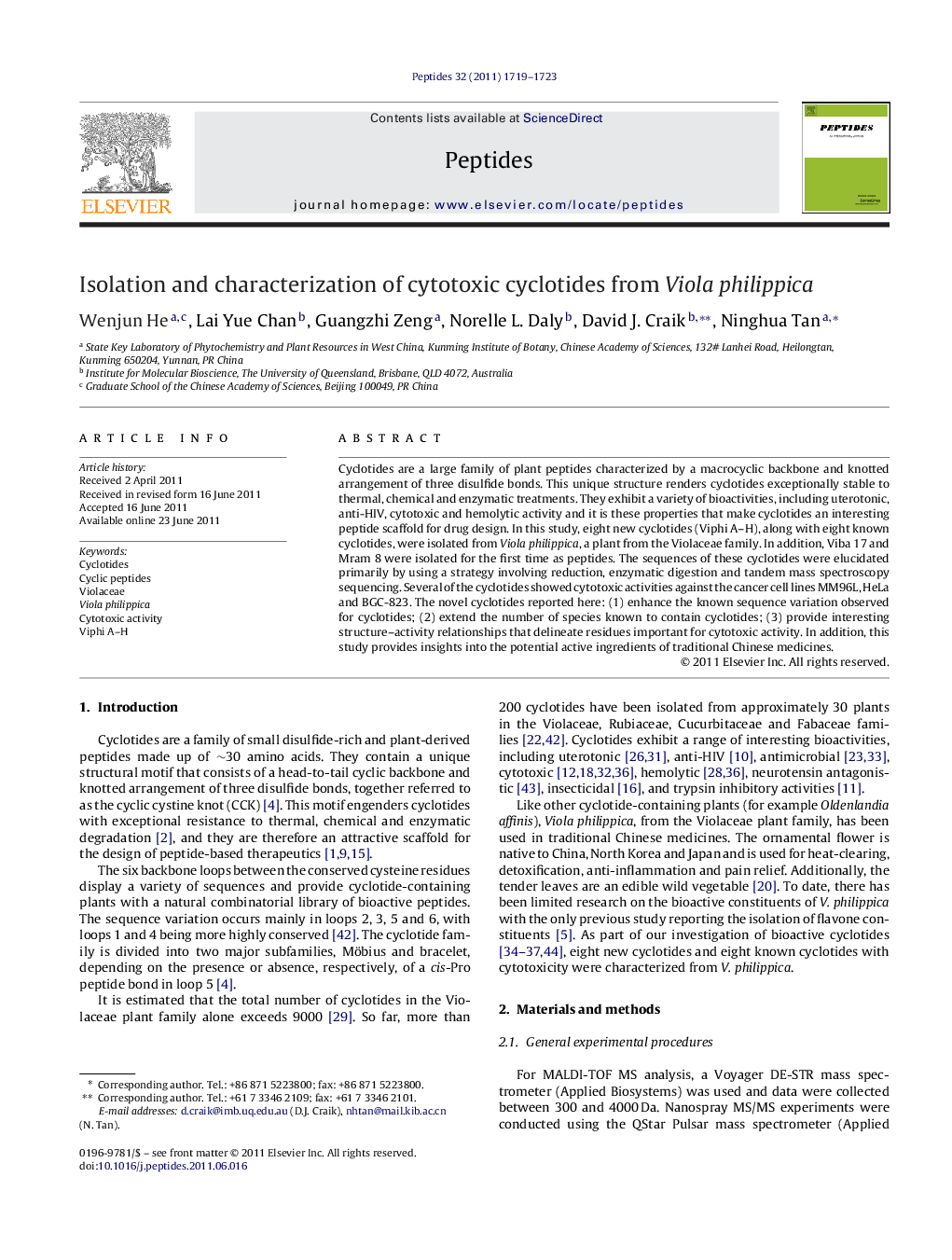 Isolation and characterization of cytotoxic cyclotides from Viola philippica