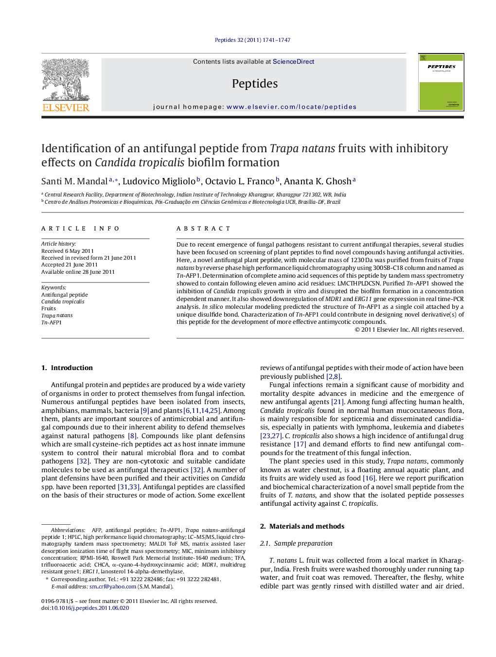 Identification of an antifungal peptide from Trapa natans fruits with inhibitory effects on Candida tropicalis biofilm formation