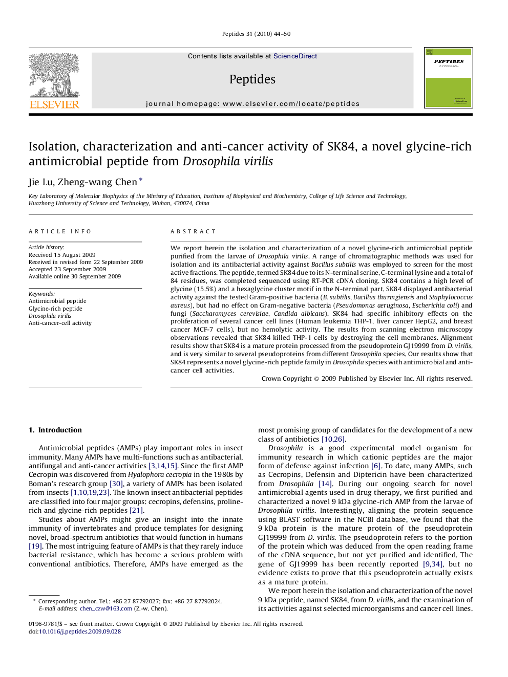 Isolation, characterization and anti-cancer activity of SK84, a novel glycine-rich antimicrobial peptide from Drosophila virilis