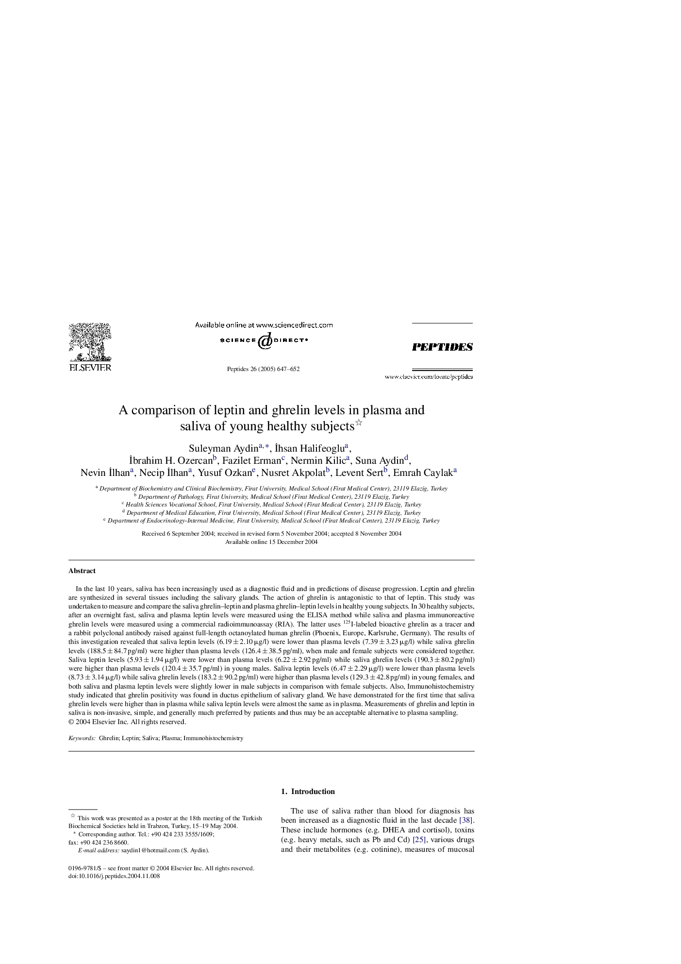 A comparison of leptin and ghrelin levels in plasma and saliva of young healthy subjects