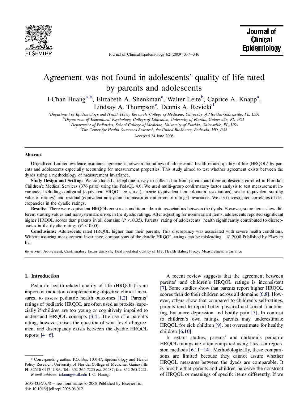 Agreement was not found in adolescents’ quality of life rated by parents and adolescents