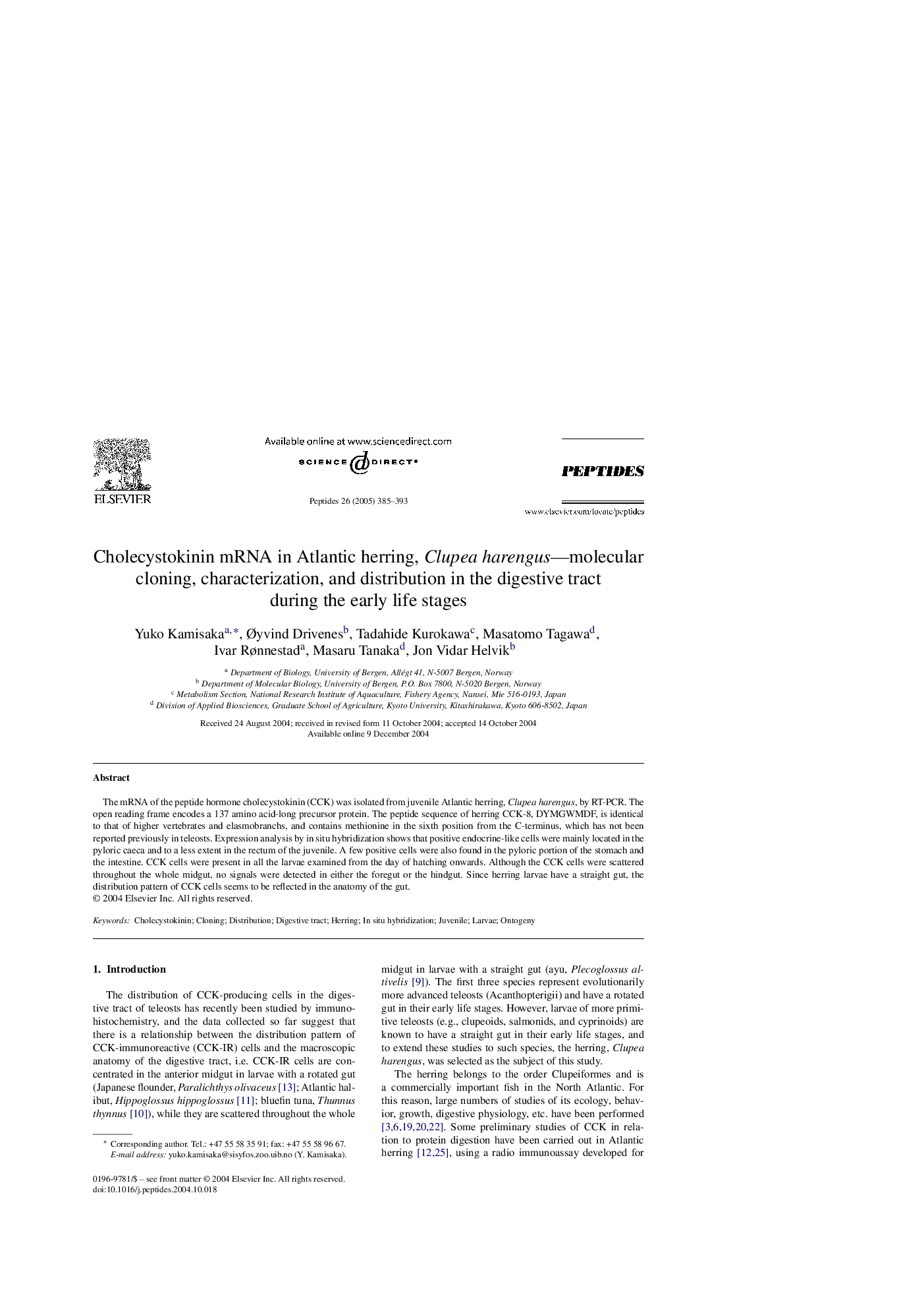Cholecystokinin mRNA in Atlantic herring, Clupea harengus-molecular cloning, characterization, and distribution in the digestive tract during the early life stages