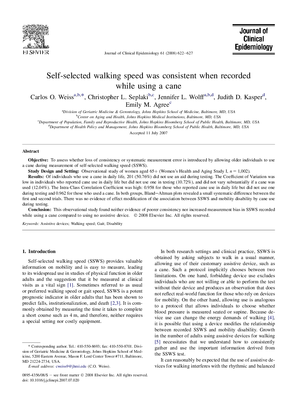 Self-selected walking speed was consistent when recorded while using a cane