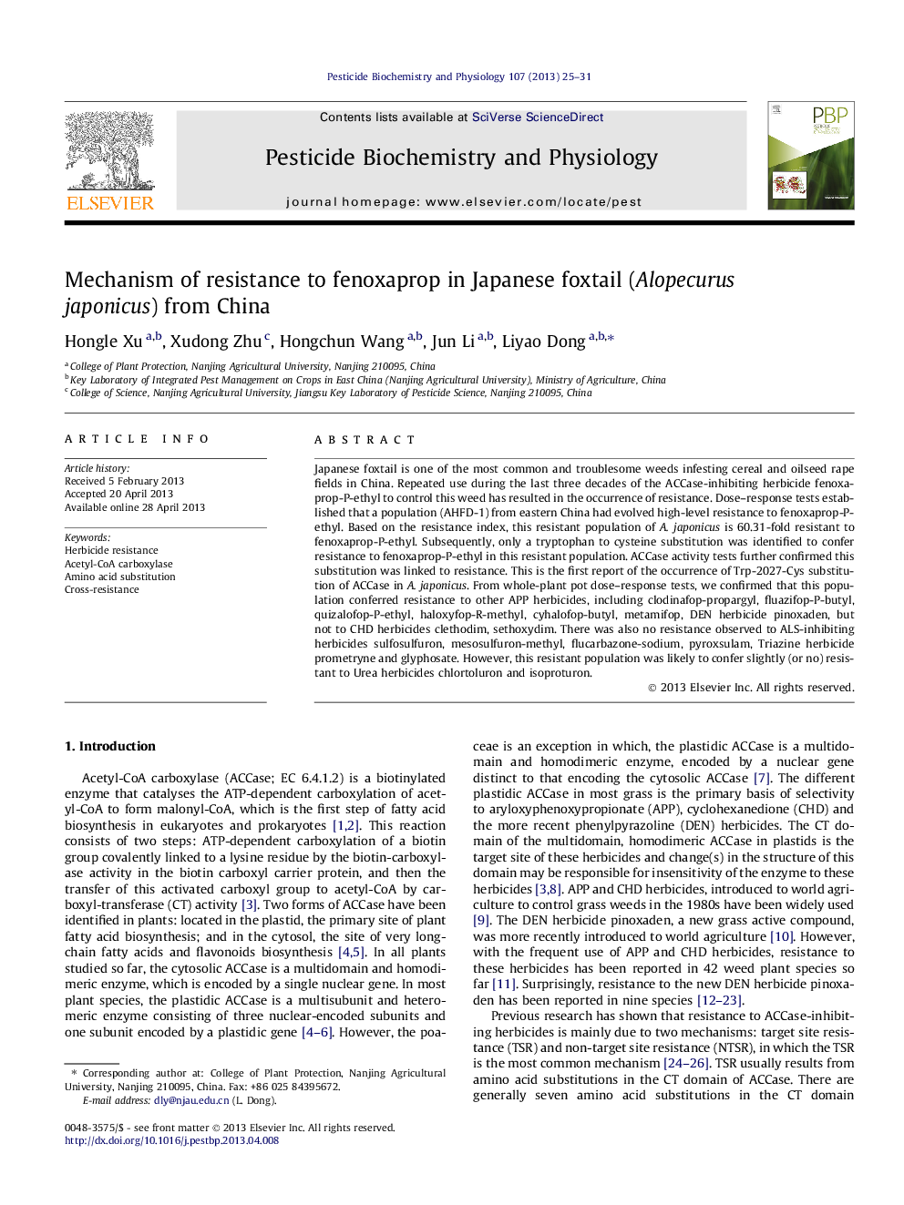 Mechanism of resistance to fenoxaprop in Japanese foxtail (Alopecurus japonicus) from China