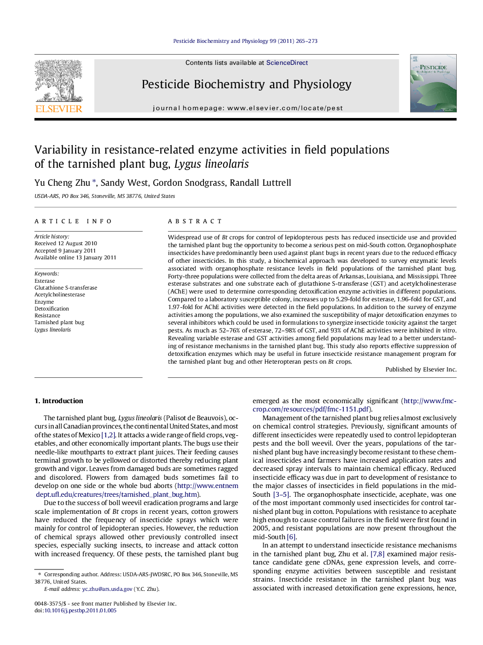 Variability in resistance-related enzyme activities in field populations of the tarnished plant bug, Lygus lineolaris