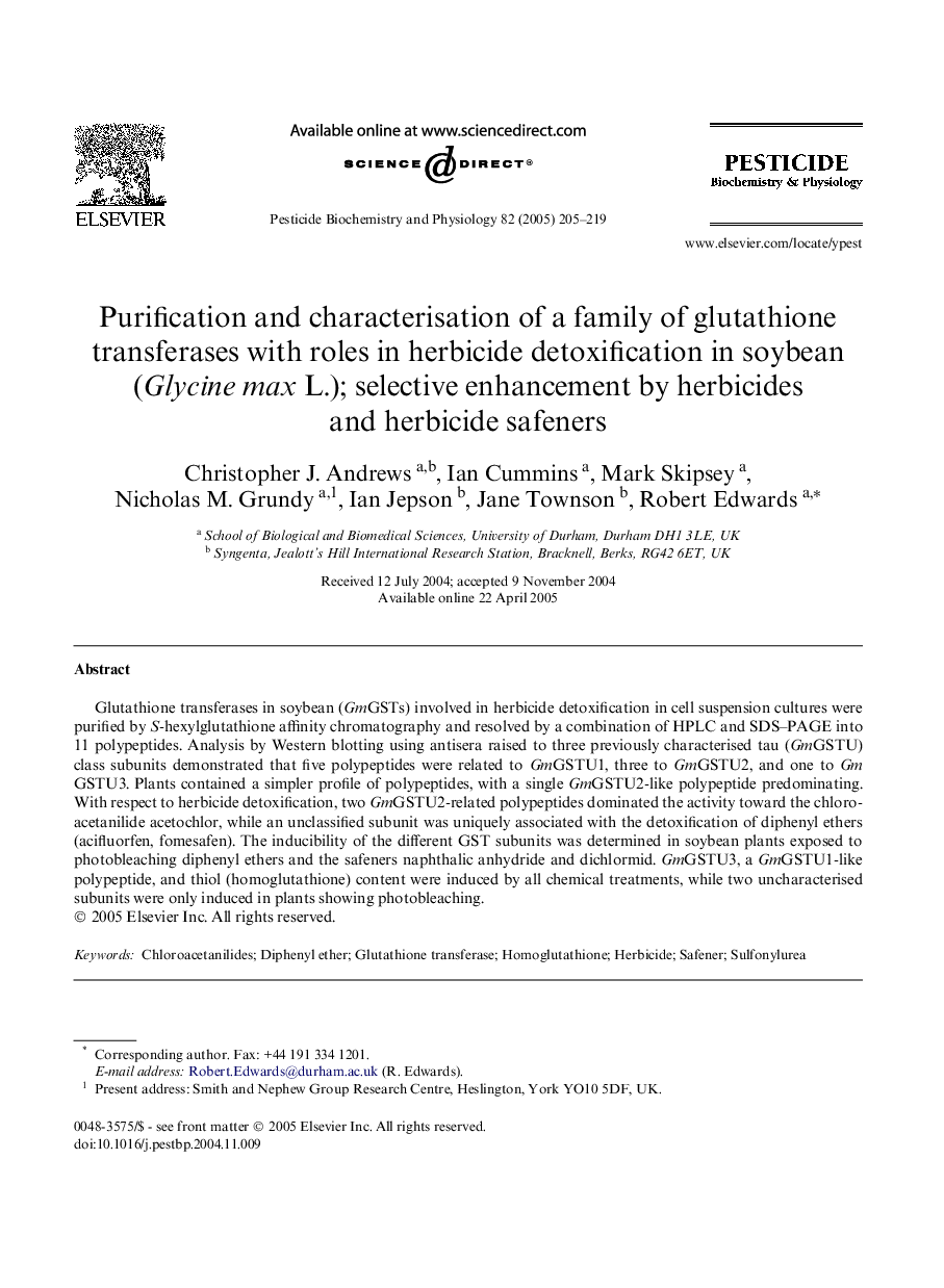 Purification and characterisation of a family of glutathione transferases with roles in herbicide detoxification in soybean (Glycine max L.); selective enhancement by herbicides and herbicide safeners